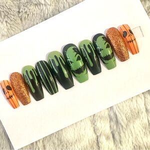 💚 Spooky Green Slime & Pumpkin Press-On Nail Set (Size Small)